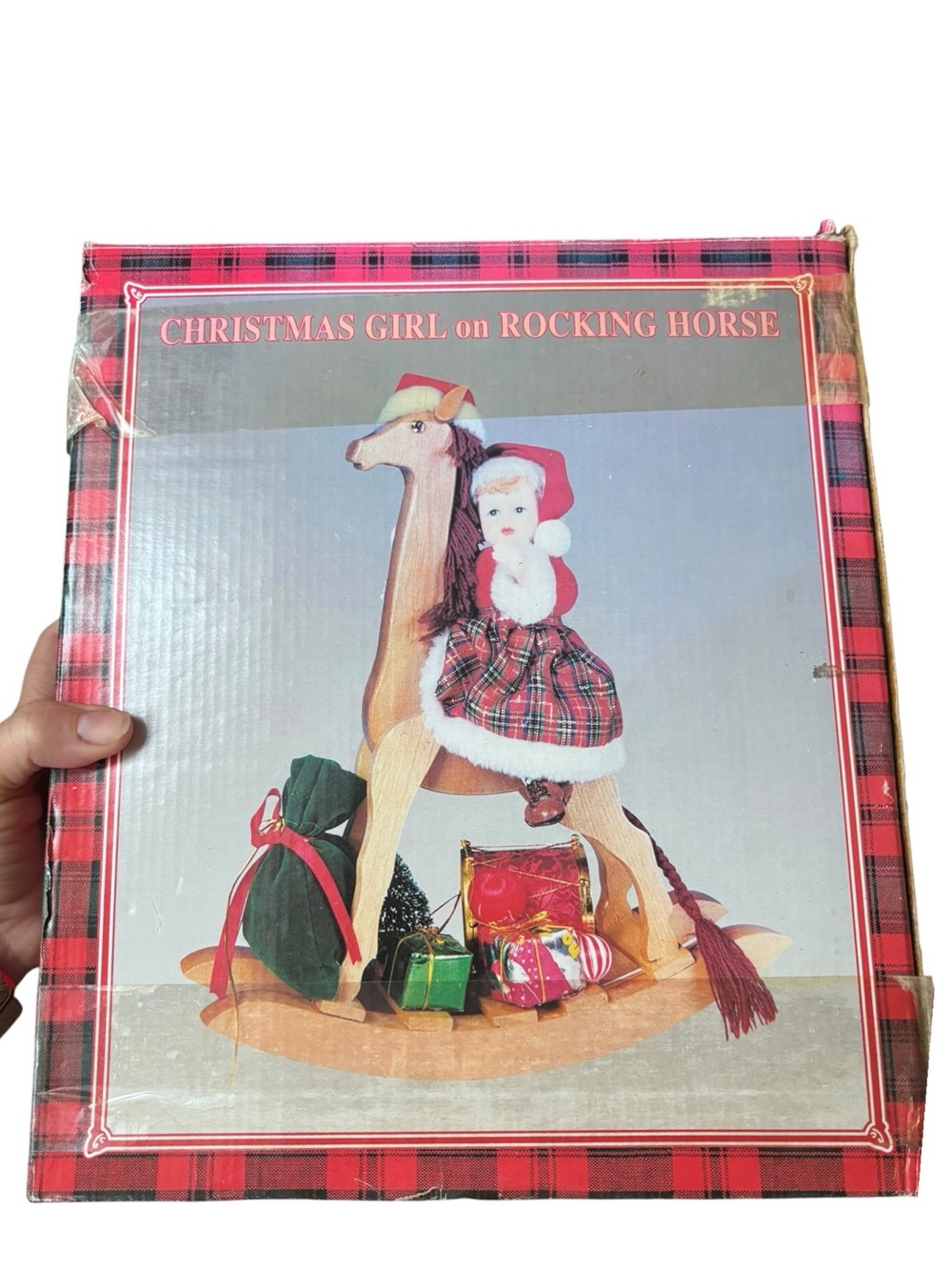 Vintage Christmas Girl on Rocking Horse Holiday Tabletop Decor in Original Box
